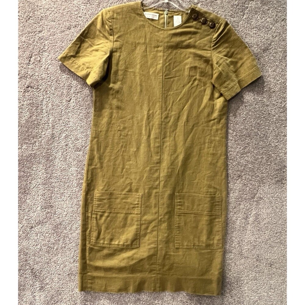Vintage Liz Claiborne Linen Dress 4 Mustard Olive Green Shift Safari Utility Y2K